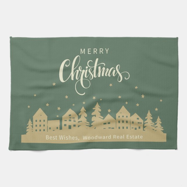 Winter Christmas Houses | Real Estate Customized  Kitchen Towel (Horizontal)