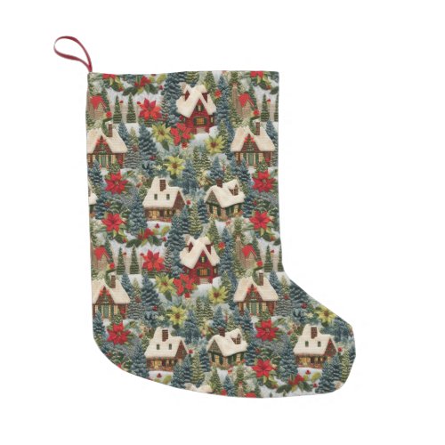 Winter Christmas Houses Trees Faux Embroidery Small Christmas Stocking