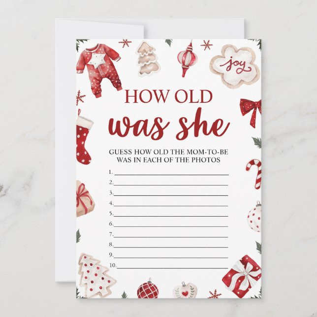 Winter Christmas How Old Was She Baby Shower Game Invitation (Front)