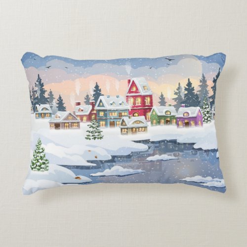 Winter Christmas landscape with snow_covered house Accent Pillow