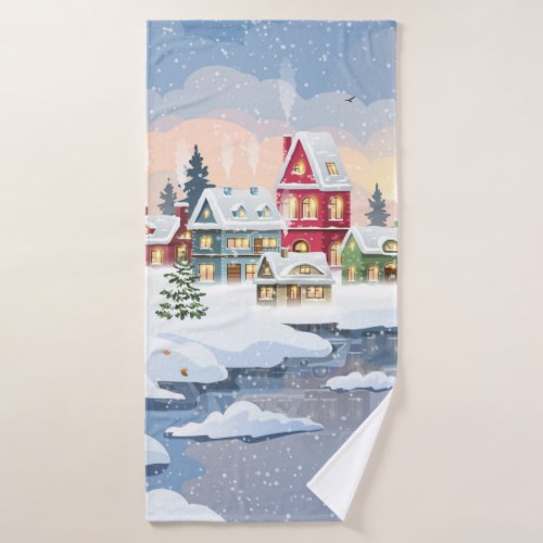 Winter Christmas landscape with snow_covered house Bath Towel