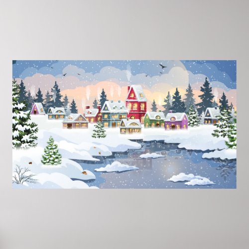 Winter Christmas landscape with snow_covered house Poster