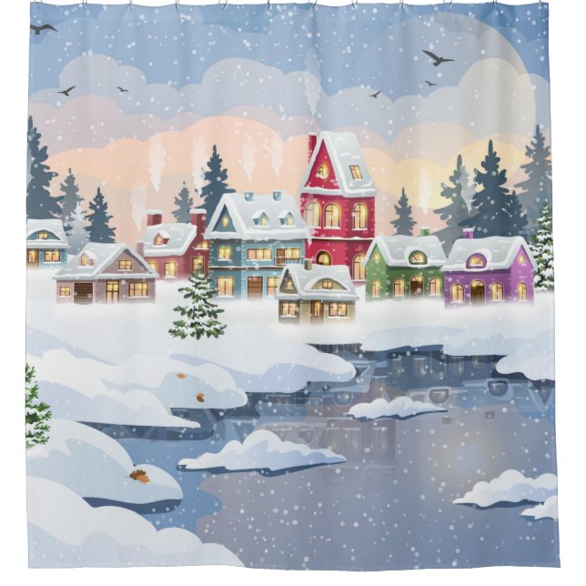 Winter Christmas landscape with snow-covered house Shower Curtain (Front)