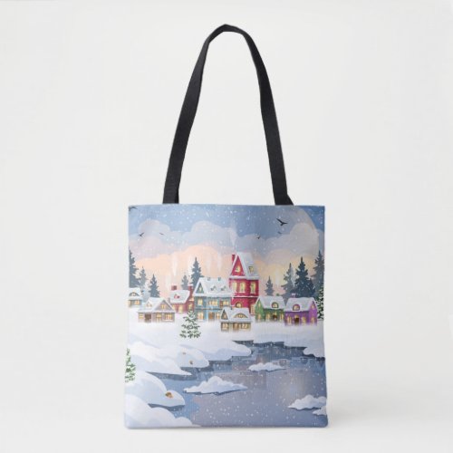 Winter Christmas landscape with snow_covered house Tote Bag