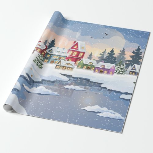 Winter Christmas landscape with snow_covered house Wrapping Paper