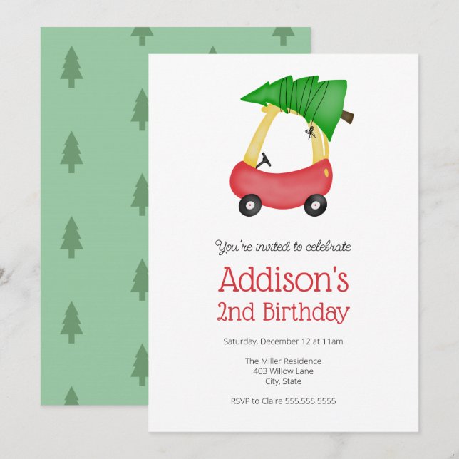 Winter Christmas Little Red Car with Tree Birthday Invitation (Front/Back)