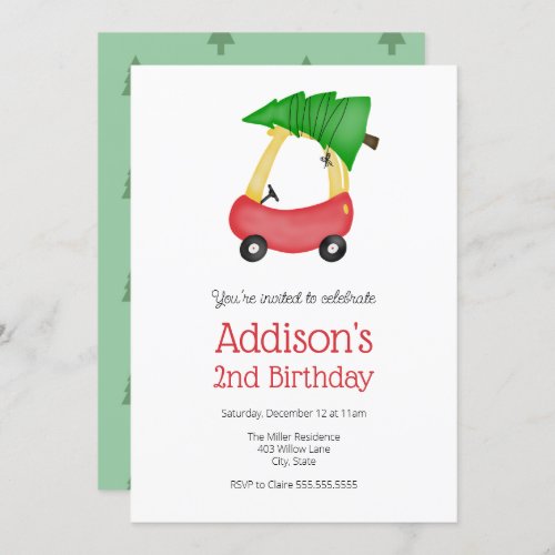 Winter Christmas Little Red Car with Tree Birthday Invitation