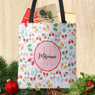 Winter Christmas Mittens Candy Red Pink Monogram Tote Bag