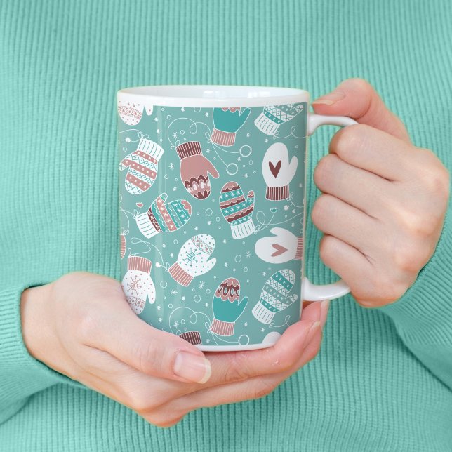 Winter Christmas Mittens Pattern in Mint Coffee Mug (Mint Winter Mittens Mug)