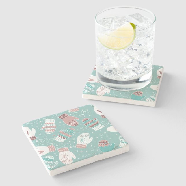 Winter Christmas Mittens Pattern in Mint Stone Coaster (Side)