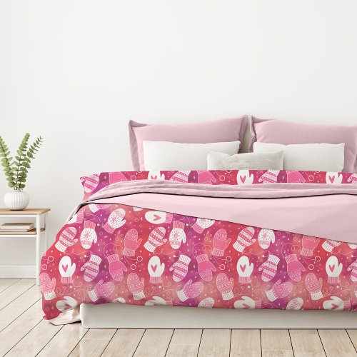 Winter Christmas Mittens Pattern in Pink Duvet Cover