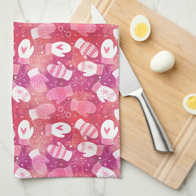 Winter Christmas Mittens Pattern in Pink Kitchen Towel (Quarter Fold)