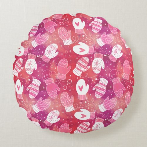 Winter Christmas Mittens Pattern in Pink Round Pillow