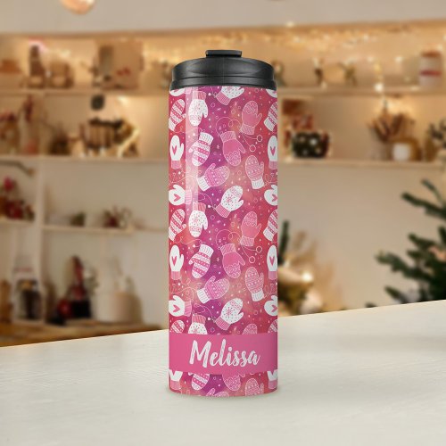 Winter Christmas Mittens Pattern in Pink Thermal Tumbler