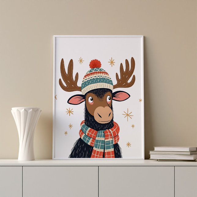 Winter Christmas Moose Wall Art Poster  (Christmas moose poster print wall art design)
