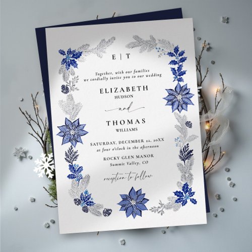 Winter Christmas Navy Blue Botanical Wedding Foil Invitation