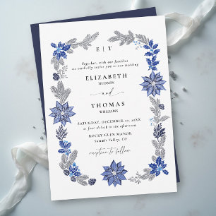 Winter Christmas Navy Blue Botanical Wedding Invitation