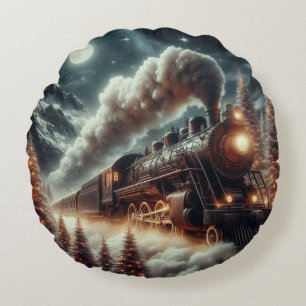 Winter/Christmas night train Round Pillow