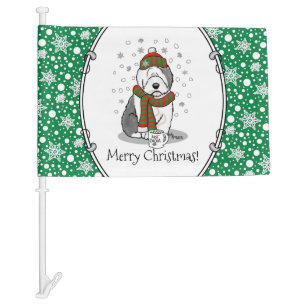 Winter Christmas Old English Sheepdog Gray 1 Cute Car Flag