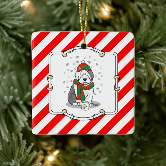 Winter Christmas Old English Sheepdog Gray 1 Cute Ceramic Ornament (Tree)