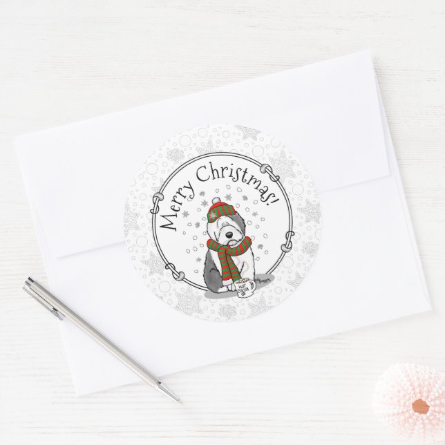 Winter Christmas Old English Sheepdog Gray 1 Cute Classic Round Sticker (Envelope)