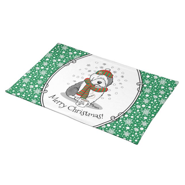 Winter Christmas Old English Sheepdog Gray 1 Cute Cloth Placemat (On Table)