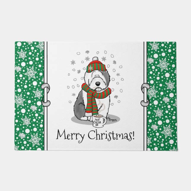 Winter Christmas Old English Sheepdog Gray 1 Cute Doormat (Front)