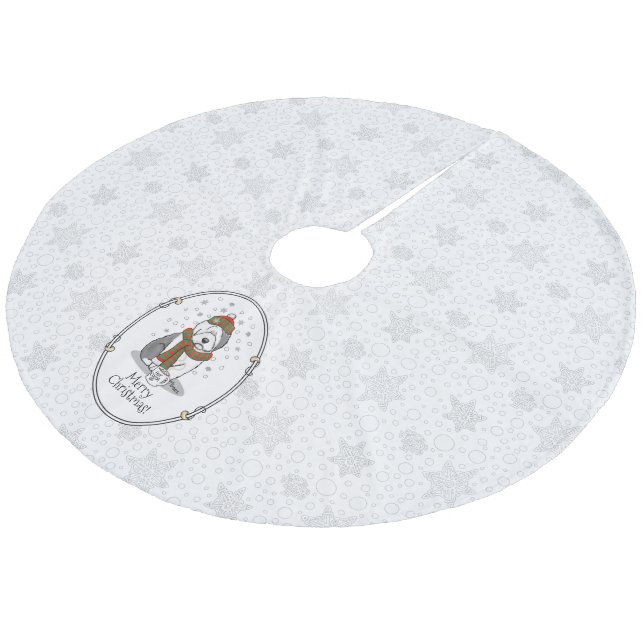 Winter Christmas Old English Sheepdog Gray 1 Cute Fleece Tree Skirt (Angled)