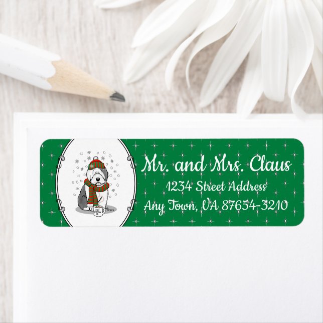 Winter Christmas Old English Sheepdog Gray 1 Cute Label (Insitu)