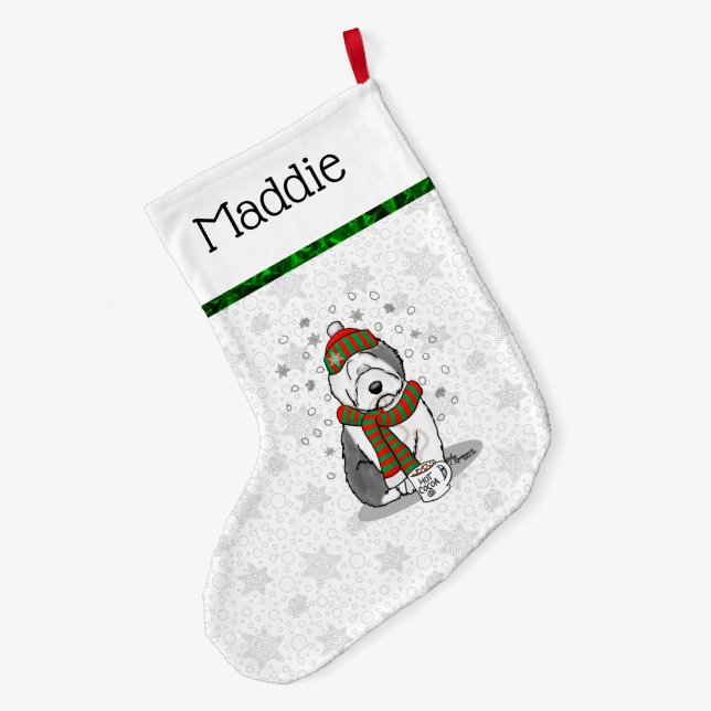 Winter Christmas Old English Sheepdog Gray 1 Cute Large Christmas Stocking (Back (Hanging))