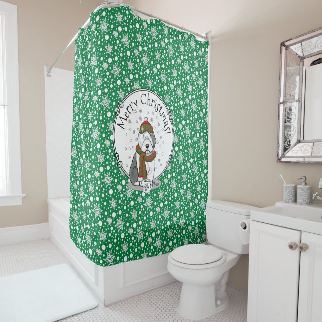 Winter Christmas Old English Sheepdog Gray 1 Cute Shower Curtain (In Situ)