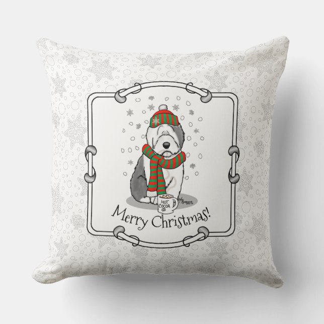 Winter Christmas Old English Sheepdog Gray 1 Cute Throw Pillow (Front)