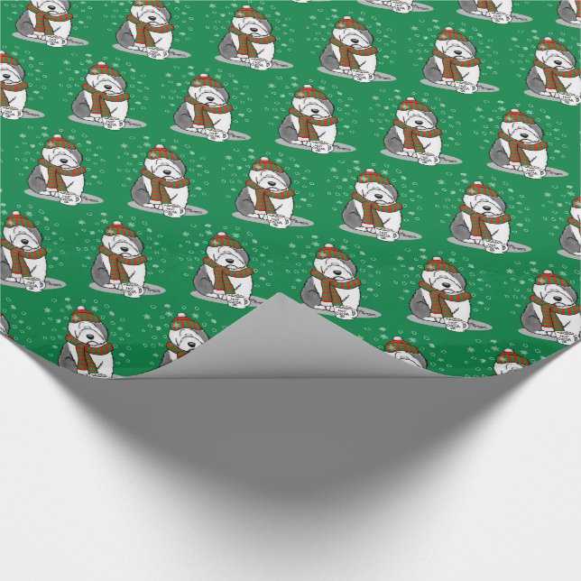 Winter Christmas Old English Sheepdog Gray 1 Cute Wrapping Paper (Corner)