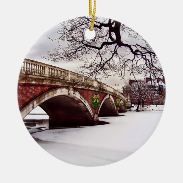 Winter Christmas on the Charles River Boston Ceramic Ornament (Front)
