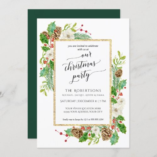 Winter Christmas Party Watercolor Rose Pine Cone Invitation