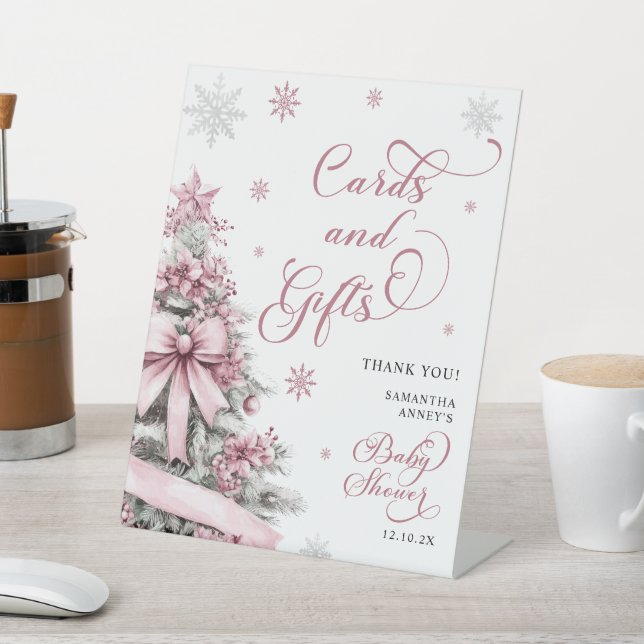 Winter Christmas Pink Baby Shower Cards Gifts Sign (In SItu)