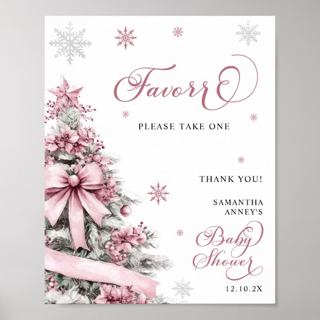 Winter Christmas Pink Baby Shower Favors Sign (Front)