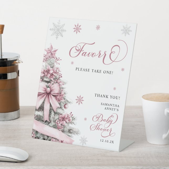 Winter Christmas Pink Baby Shower Favors Sign (In SItu)