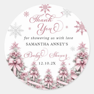 Winter Christmas Pink Baby Shower Thank You Classic Round Sticker