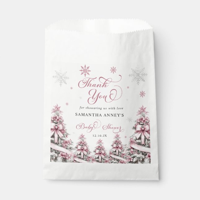 Winter Christmas Pink Baby Shower Thank You Favor Bag (Front)