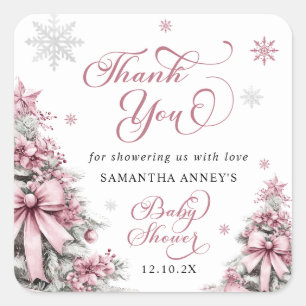Winter Christmas Pink Baby Shower Thank You Square Sticker
