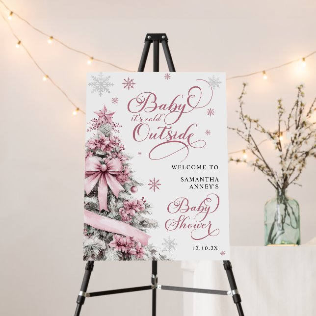 Winter Christmas Pink Baby Shower Welcome Sign (In Situ (Stand))