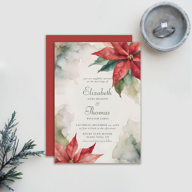 Winter Christmas Poinsettia Modern Vintage Wedding Invitation (winter wedding invitation christmas poinsettia elegant  modern vintage botanical floral frame)