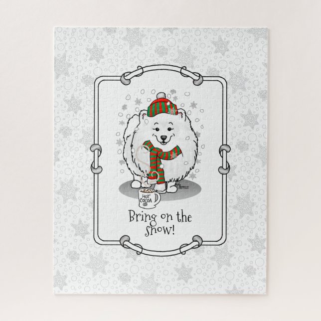 Winter Christmas Pomeranian (white) Dog Cute Snow Jigsaw Puzzle (Vertical)