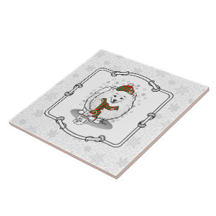 Winter Christmas Pomeranian (white) Dog Scarf Snow Ceramic Tile