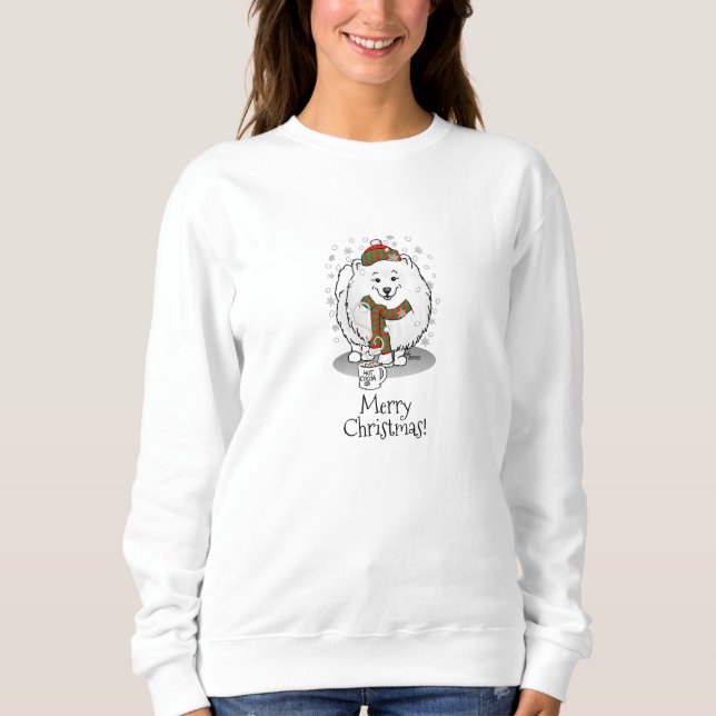 Winter Christmas Pomeranian (white) Dog Scarf Snow Sweatshirt (Front)