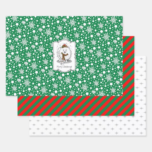 Winter Christmas Pomeranian (white) Dog Scarf Snow Wrapping Paper Sheets (Set)