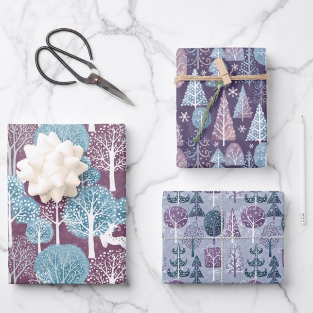 Winter Christmas Purple Forest Wrapping Paper Sheets (Front)
