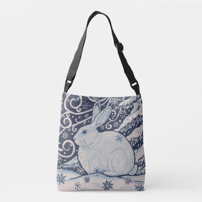 Winter Christmas Rabbit Blue White Navy Tote Purse (Back)