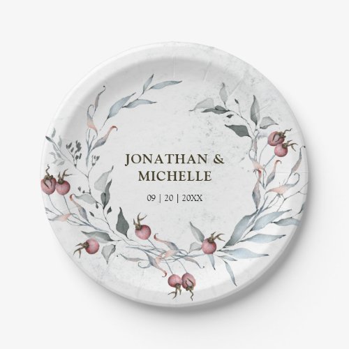 Winter Christmas Red Berries Silver Leaves Paper Plates